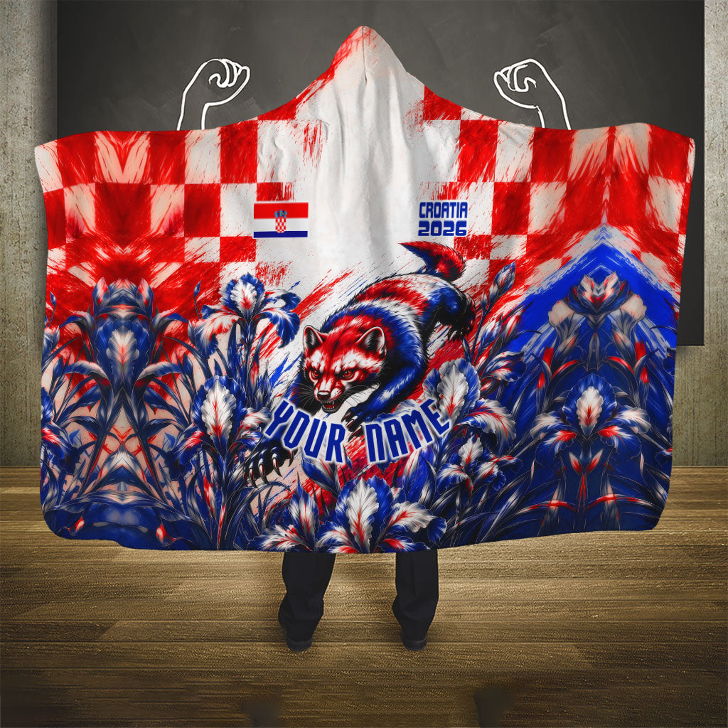 Personalized Croatia Marten Soccer 2026 Hooded Blanket Football Grunge Checkerboard Croatian Iris Floral