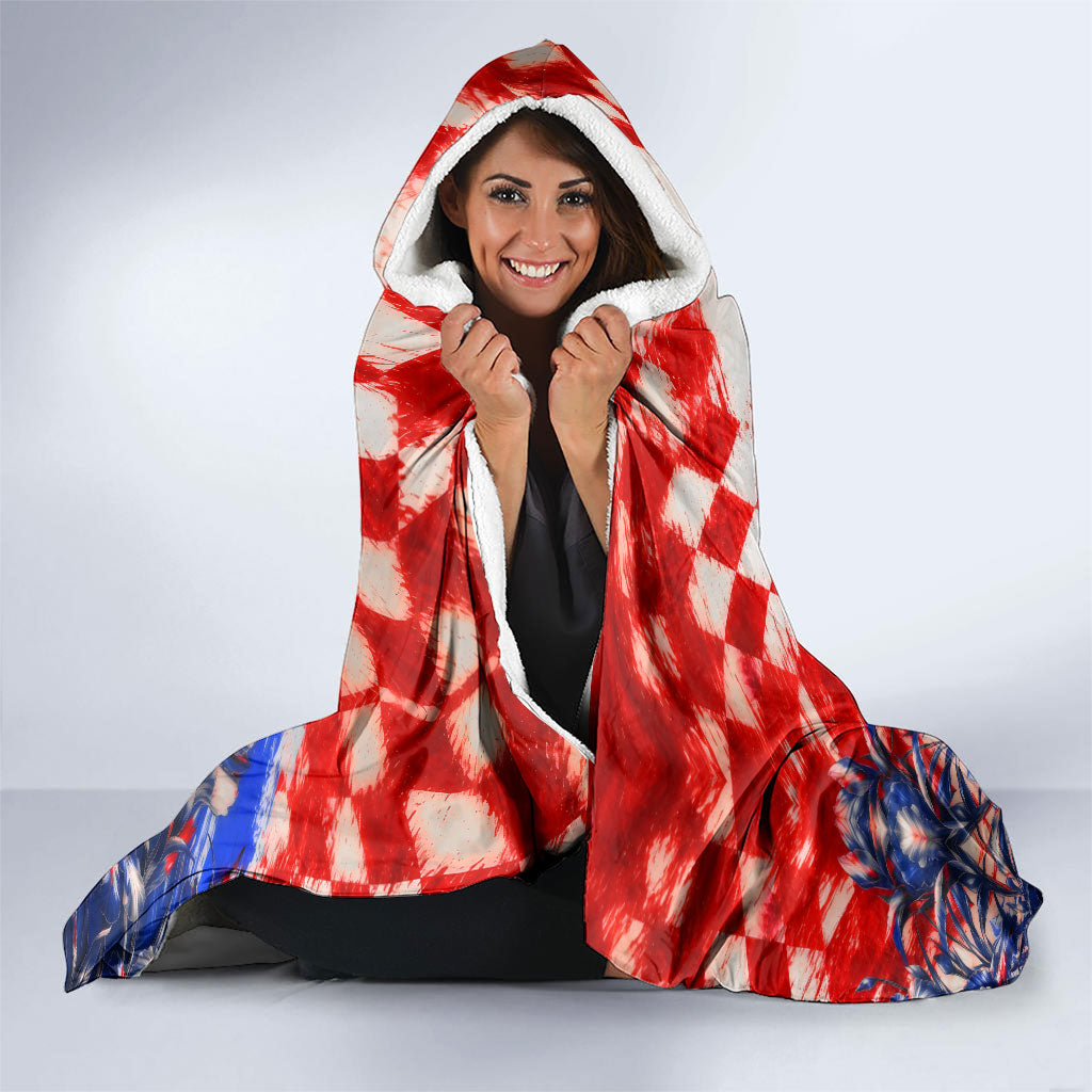 Personalized Croatia Marten Soccer 2026 Hooded Blanket Football Grunge Checkerboard Croatian Iris Floral