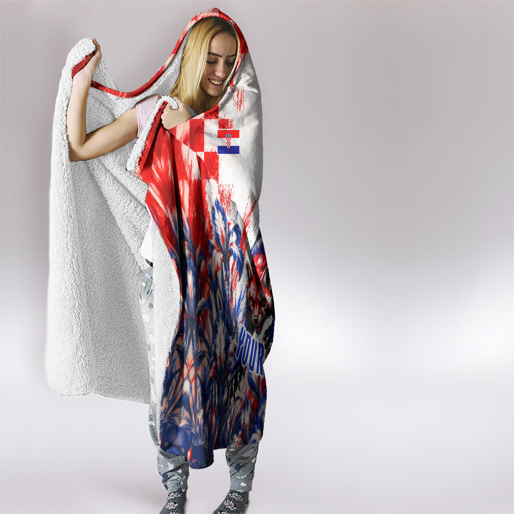 Personalized Croatia Marten Soccer 2026 Hooded Blanket Football Grunge Checkerboard Croatian Iris Floral