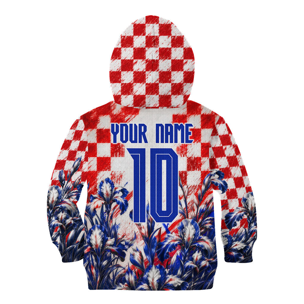 Personalized Croatia Marten Soccer 2026 Kid Hoodie Football Grunge Checkerboard Croatian Iris Floral