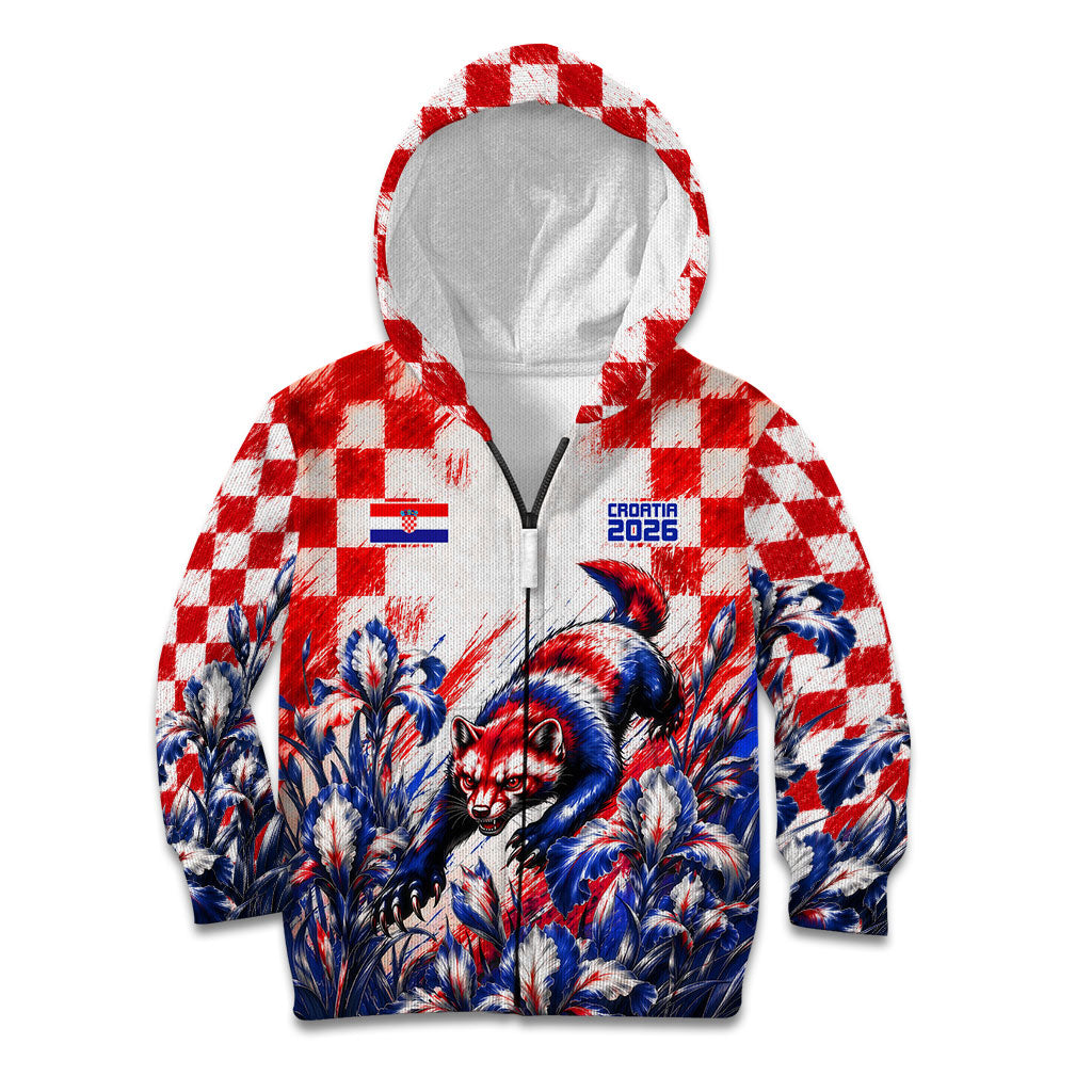 Personalized Croatia Marten Soccer 2026 Kid Hoodie Football Grunge Checkerboard Croatian Iris Floral