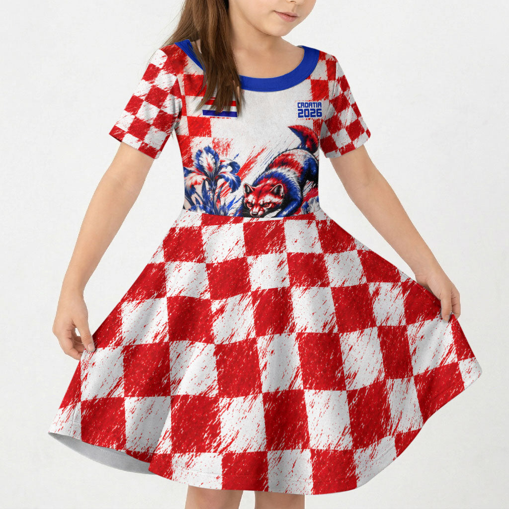 Personalized Croatia Marten Soccer 2026 Kid Short Sleeve Dress Football Grunge Checkerboard Croatian Iris Floral