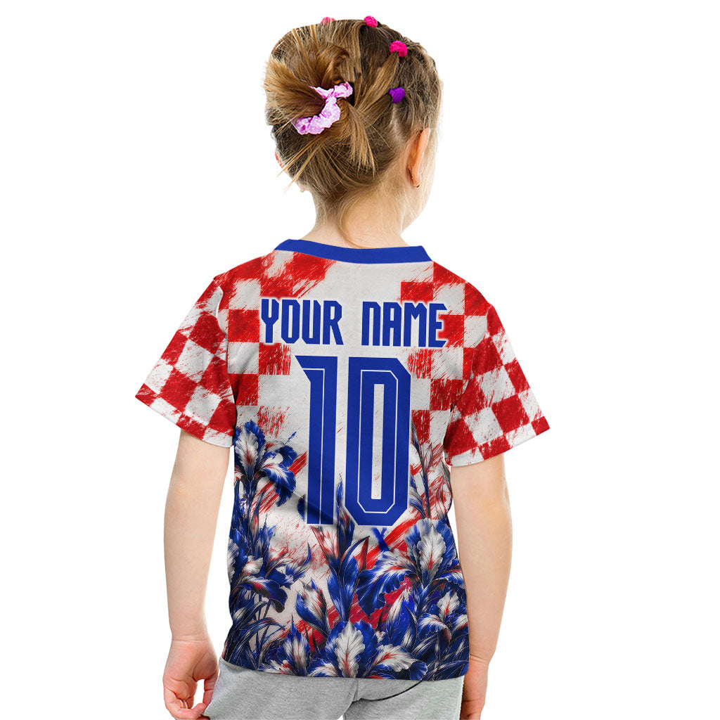Personalized Croatia Marten Soccer 2026 Kid T Shirt Football Grunge Checkerboard Croatian Iris Floral
