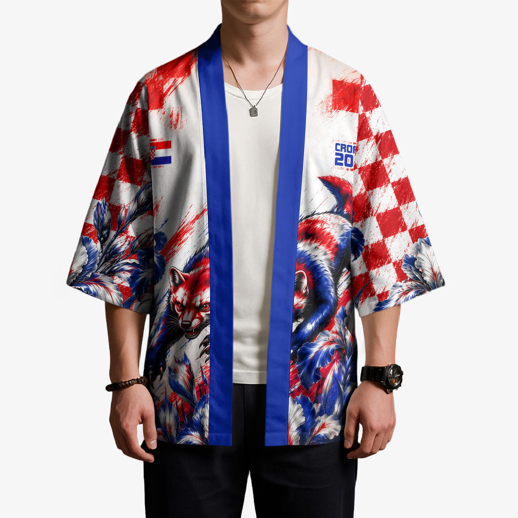 Personalized Croatia Marten Soccer 2026 Kimono Football Grunge Checkerboard Croatian Iris Floral