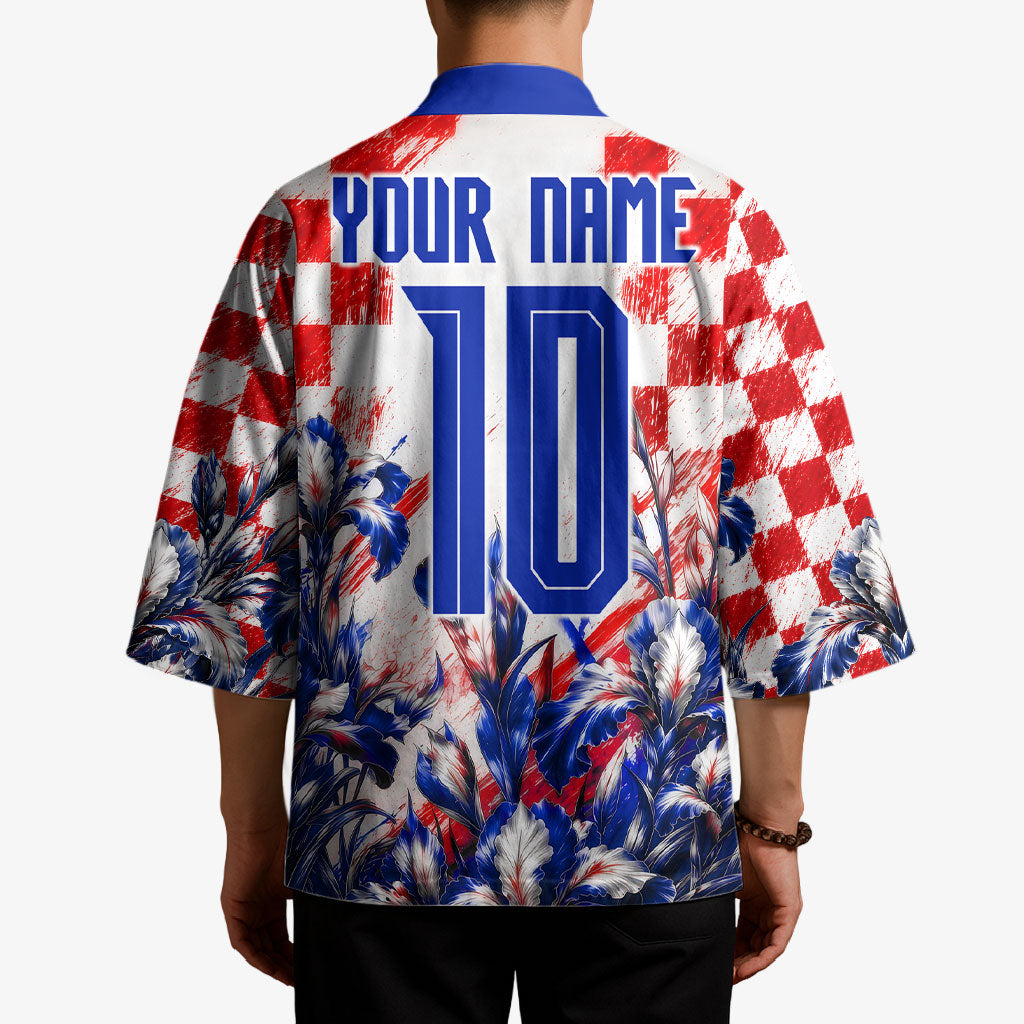 Personalized Croatia Marten Soccer 2026 Kimono Football Grunge Checkerboard Croatian Iris Floral