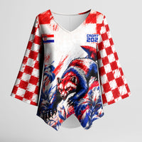 Personalized Croatia Marten Soccer 2026 Kimono Sleeve Blouse Football Grunge Checkerboard Croatian Iris Floral