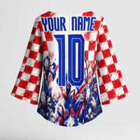 Personalized Croatia Marten Soccer 2026 Kimono Sleeve Blouse Football Grunge Checkerboard Croatian Iris Floral