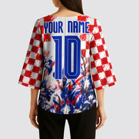 Personalized Croatia Marten Soccer 2026 Kimono Sleeve Blouse Football Grunge Checkerboard Croatian Iris Floral