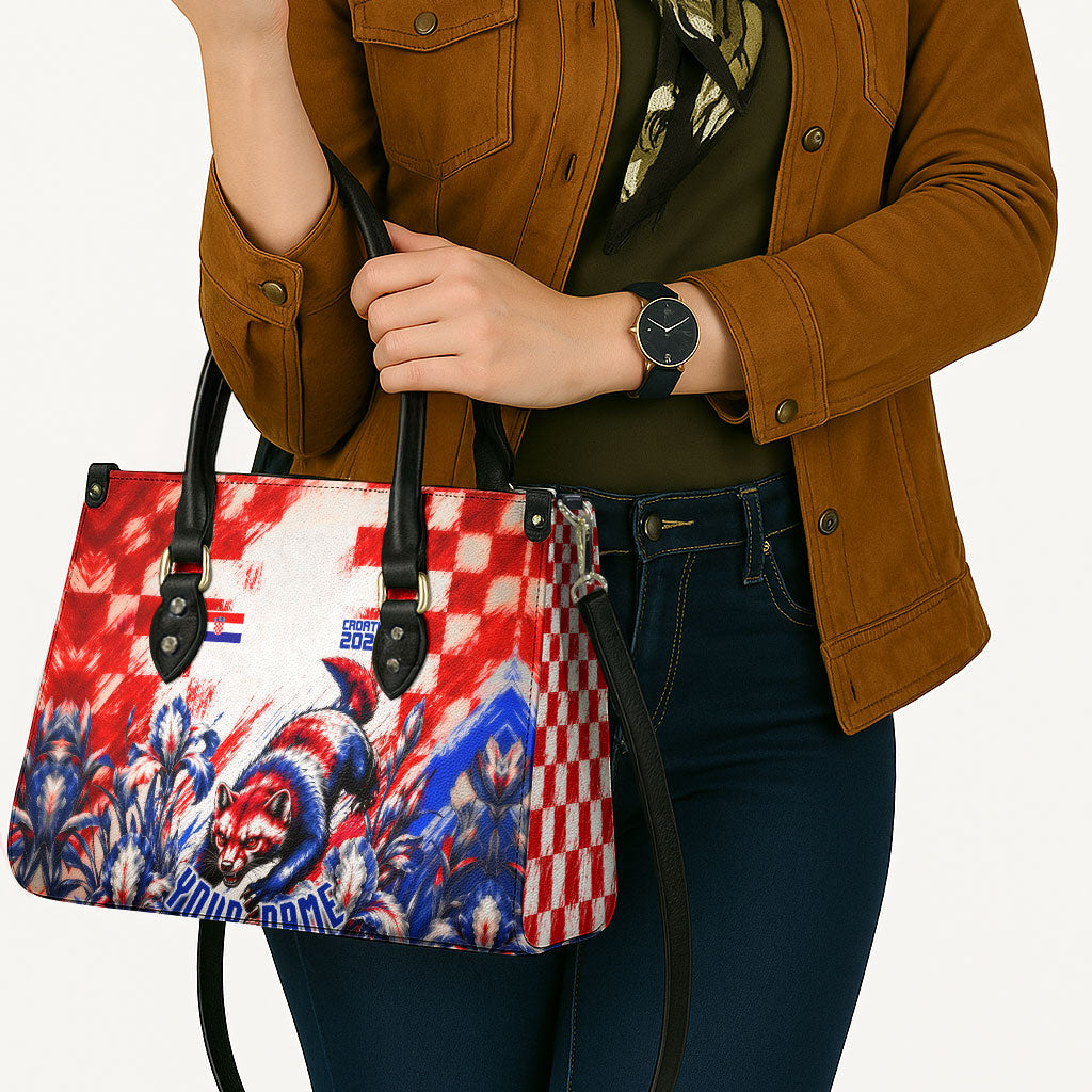 Personalized Croatia Marten Soccer 2026 Leather Bag Football Grunge Checkerboard Croatian Iris Floral