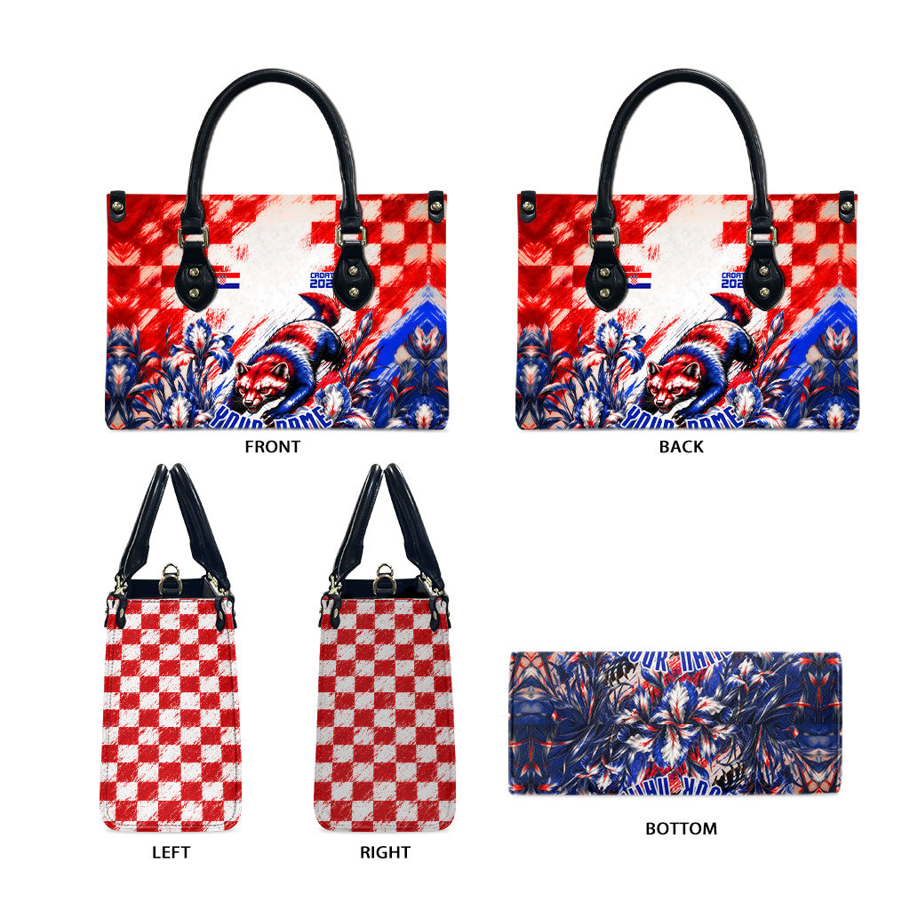 Personalized Croatia Marten Soccer 2026 Leather Bag Football Grunge Checkerboard Croatian Iris Floral