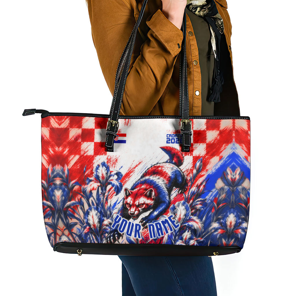 Personalized Croatia Marten Soccer 2026 Leather Tote Bag Football Grunge Checkerboard Croatian Iris Floral