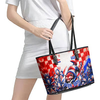 Personalized Croatia Marten Soccer 2026 Leather Tote Bag Football Grunge Checkerboard Croatian Iris Floral