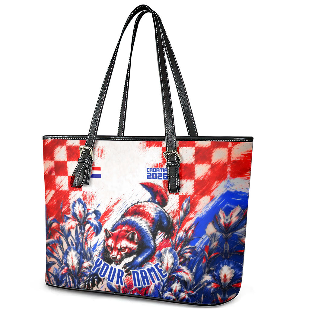Personalized Croatia Marten Soccer 2026 Leather Tote Bag Football Grunge Checkerboard Croatian Iris Floral