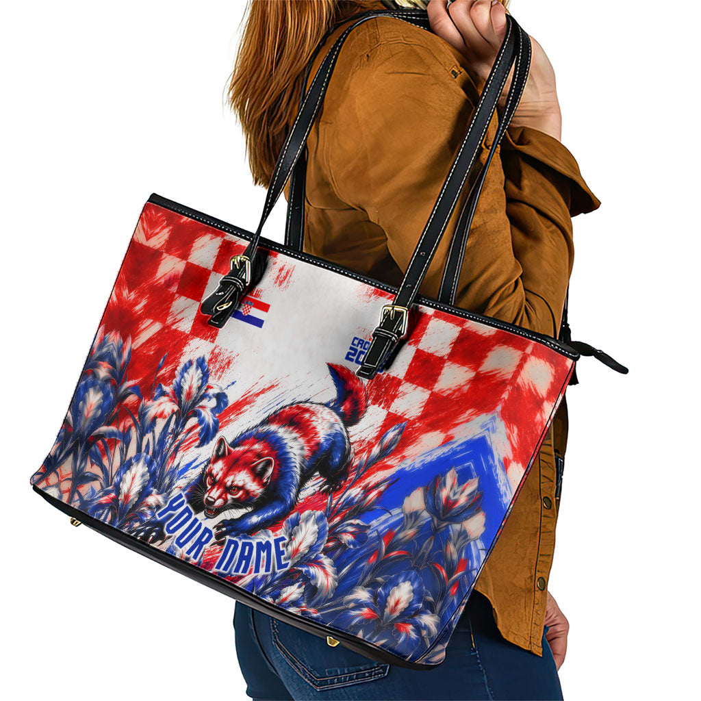 Personalized Croatia Marten Soccer 2026 Leather Tote Bag Football Grunge Checkerboard Croatian Iris Floral