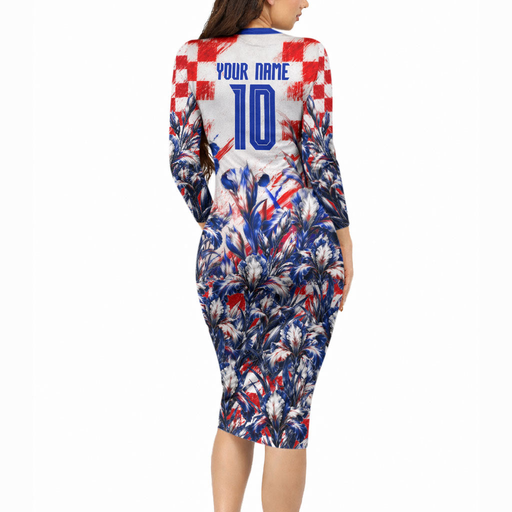 Personalized Croatia Marten Soccer 2026 Long Sleeve Bodycon Dress Football Grunge Checkerboard Croatian Iris Floral