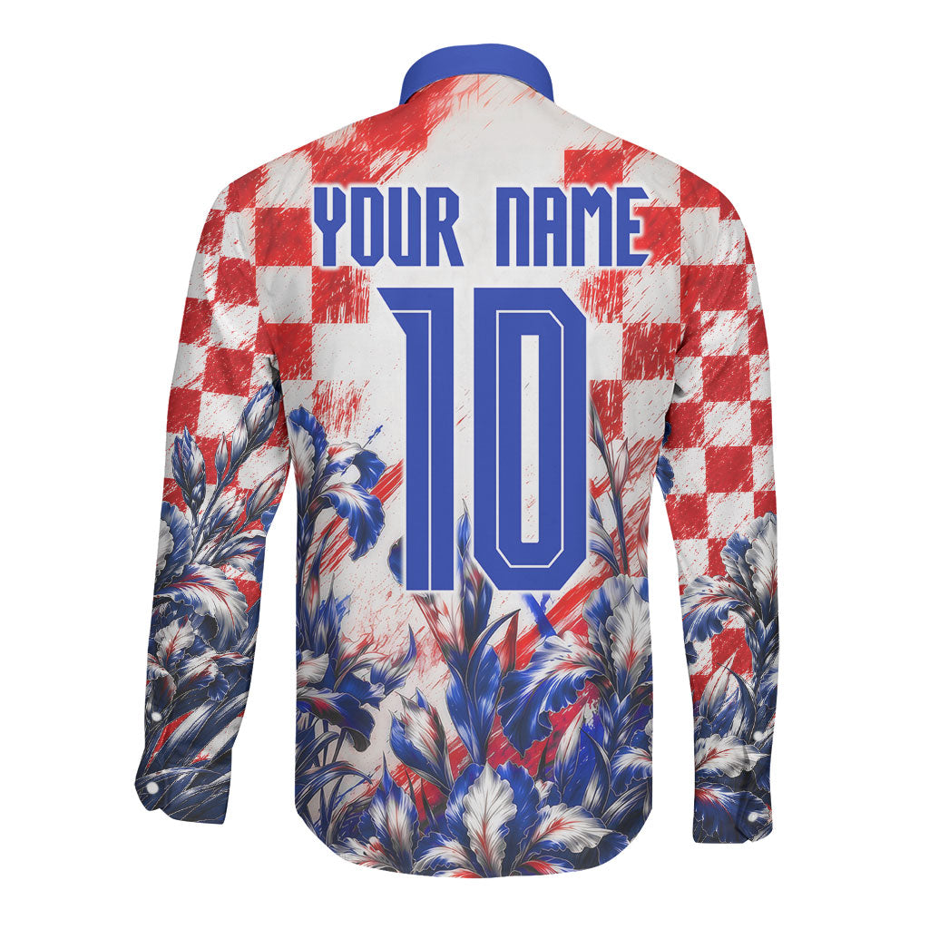 Personalized Croatia Marten Soccer 2026 Long Sleeve Button Shirt Football Grunge Checkerboard Croatian Iris Floral