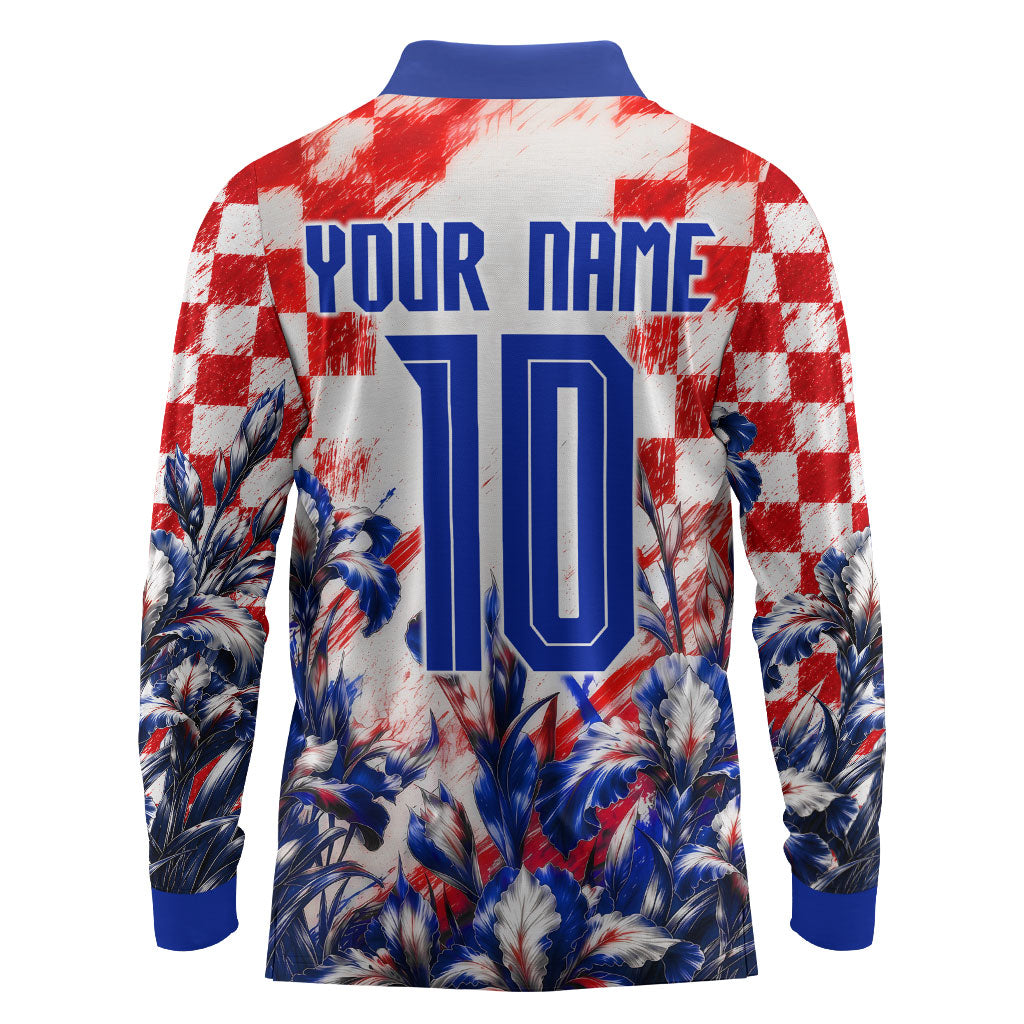 Personalized Croatia Marten Soccer 2026 Long Sleeve Polo Shirt Football Grunge Checkerboard Croatian Iris Floral