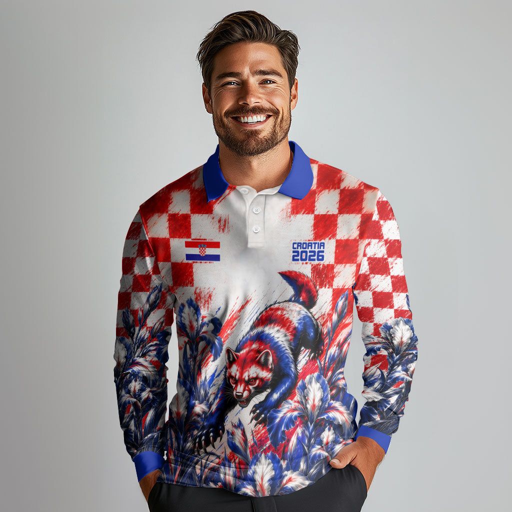 Personalized Croatia Marten Soccer 2026 Long Sleeve Polo Shirt Football Grunge Checkerboard Croatian Iris Floral