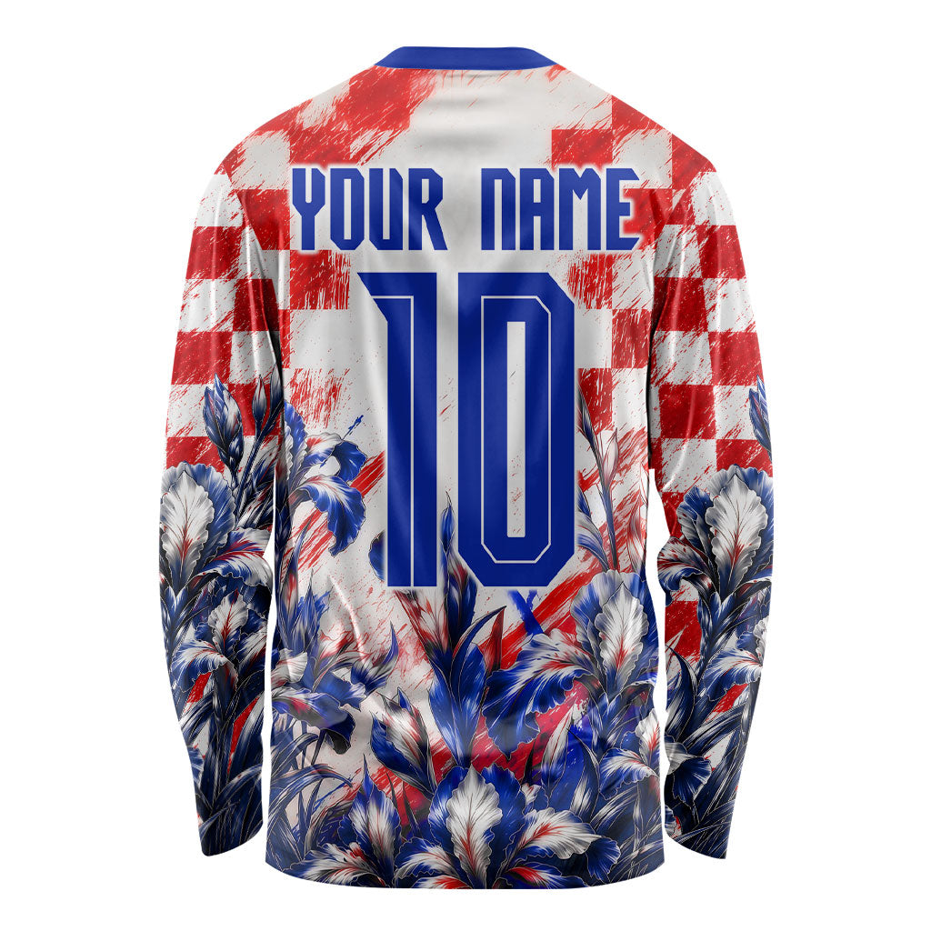 Personalized Croatia Marten Soccer 2026 Long Sleeve Shirt Football Grunge Checkerboard Croatian Iris Floral