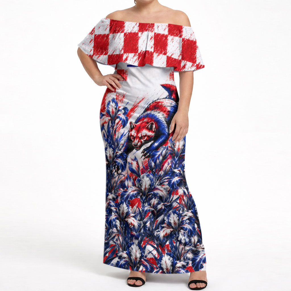 Personalized Croatia Marten Soccer 2026 Off Shoulder Maxi Dress Football Grunge Checkerboard Croatian Iris Floral