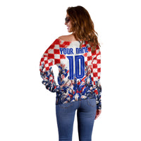 Personalized Croatia Marten Soccer 2026 Off Shoulder Sweater Football Grunge Checkerboard Croatian Iris Floral