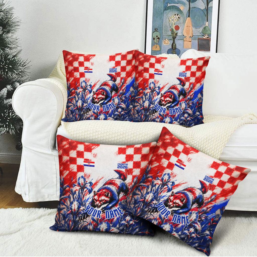 Personalized Croatia Marten Soccer 2026 Pillow Cover Football Grunge Checkerboard Croatian Iris Floral