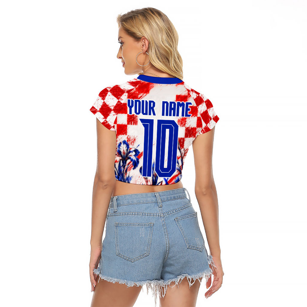 Personalized Croatia Marten Soccer 2026 Raglan Cropped T Shirt Football Grunge Checkerboard Croatian Iris Floral