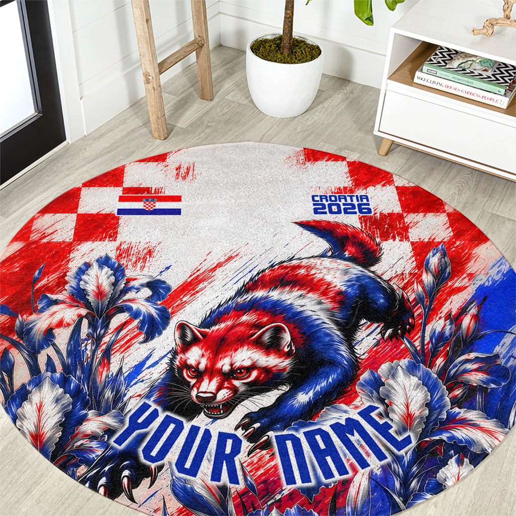 Personalized Croatia Marten Soccer 2026 Round Carpet Football Grunge Checkerboard Croatian Iris Floral