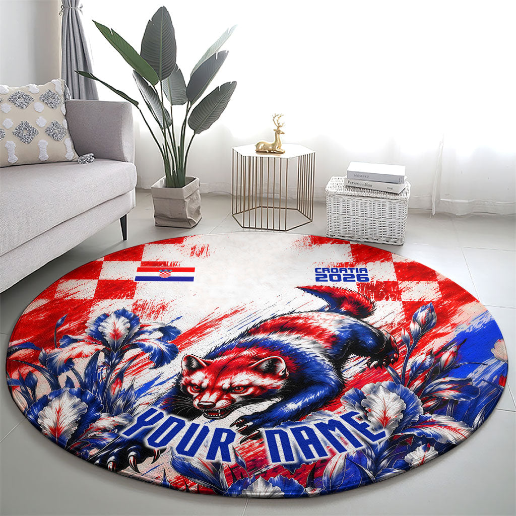 Personalized Croatia Marten Soccer 2026 Round Carpet Football Grunge Checkerboard Croatian Iris Floral