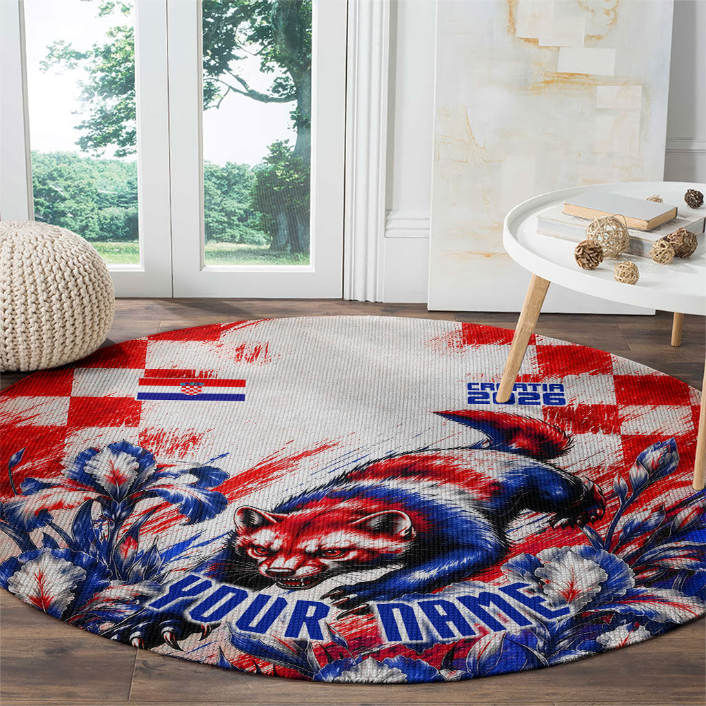 Personalized Croatia Marten Soccer 2026 Round Carpet Football Grunge Checkerboard Croatian Iris Floral