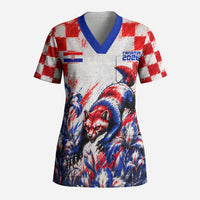 Personalized Croatia Marten Soccer 2026 Scrub Top Football Grunge Checkerboard Croatian Iris Floral