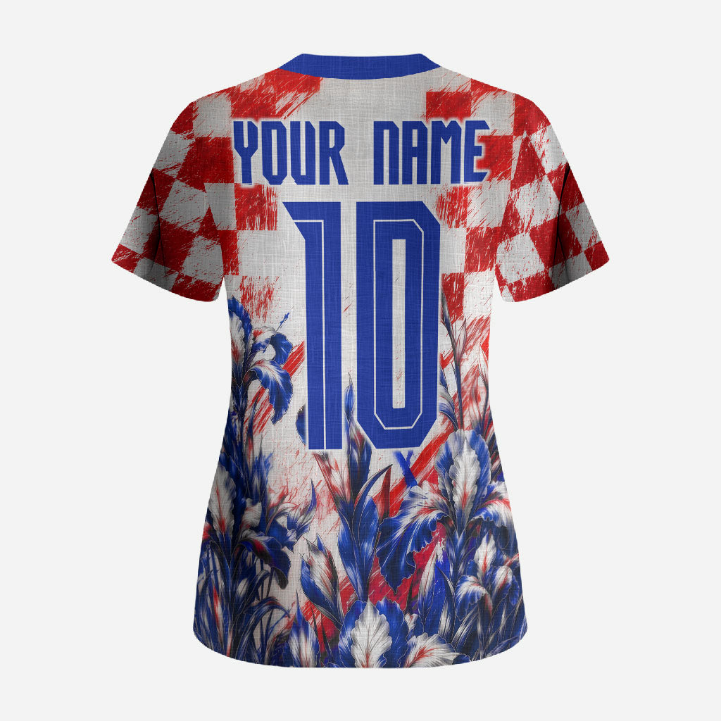 Personalized Croatia Marten Soccer 2026 Scrub Top Football Grunge Checkerboard Croatian Iris Floral