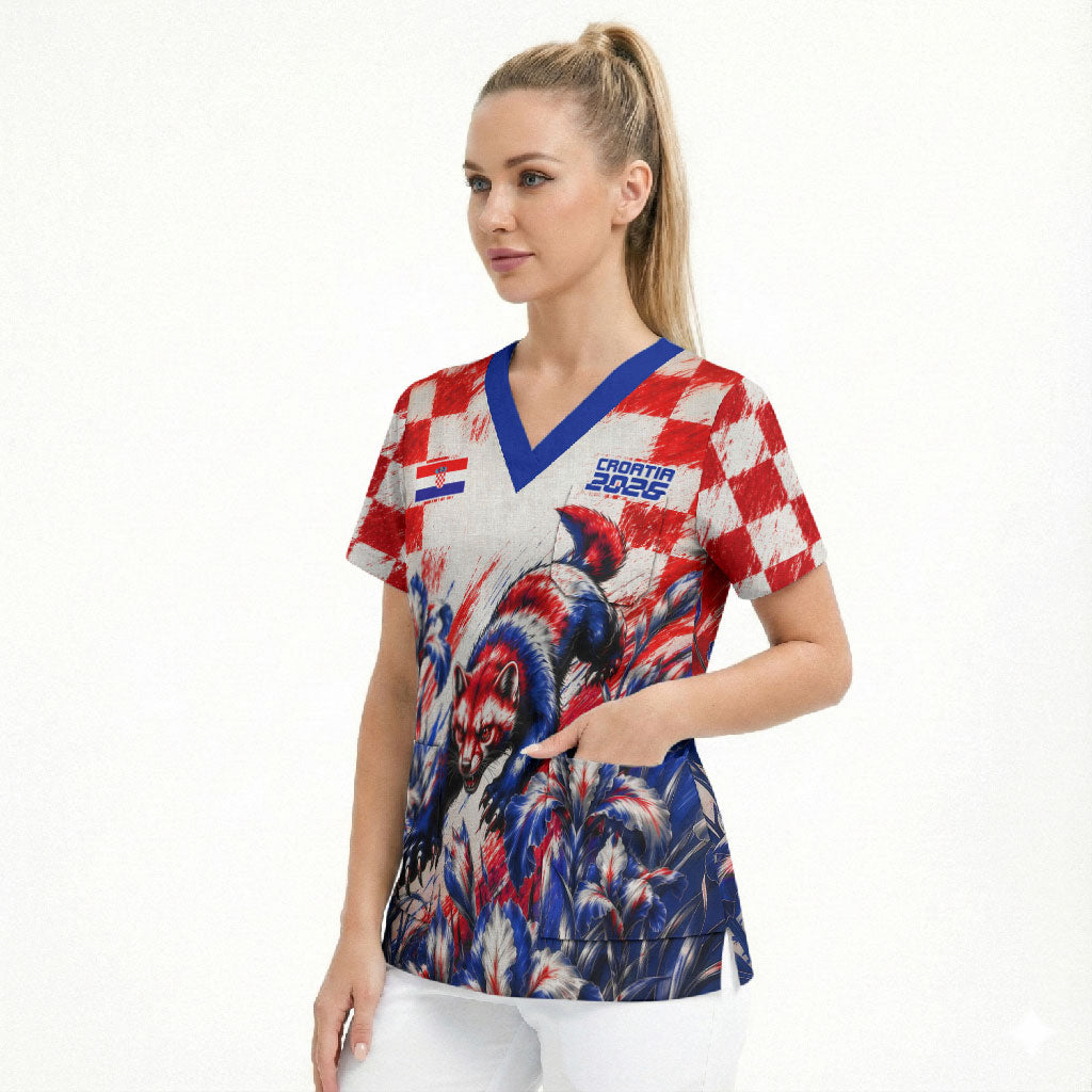 Personalized Croatia Marten Soccer 2026 Scrub Top Football Grunge Checkerboard Croatian Iris Floral