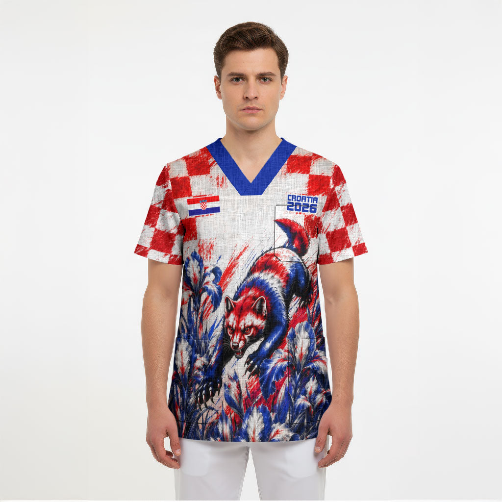 Personalized Croatia Marten Soccer 2026 Scrub Top Football Grunge Checkerboard Croatian Iris Floral