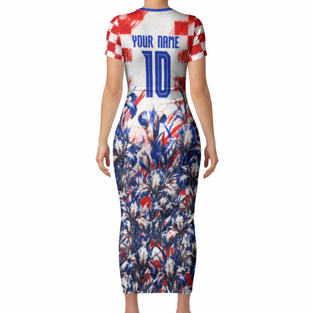 Personalized Croatia Marten Soccer 2026 Short Sleeve Bodycon Dress Football Grunge Checkerboard Croatian Iris Floral