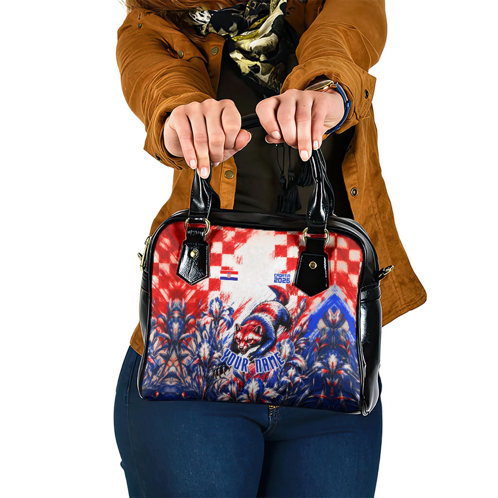 Personalized Croatia Marten Soccer 2026 Shoulder Handbag Football Grunge Checkerboard Croatian Iris Floral