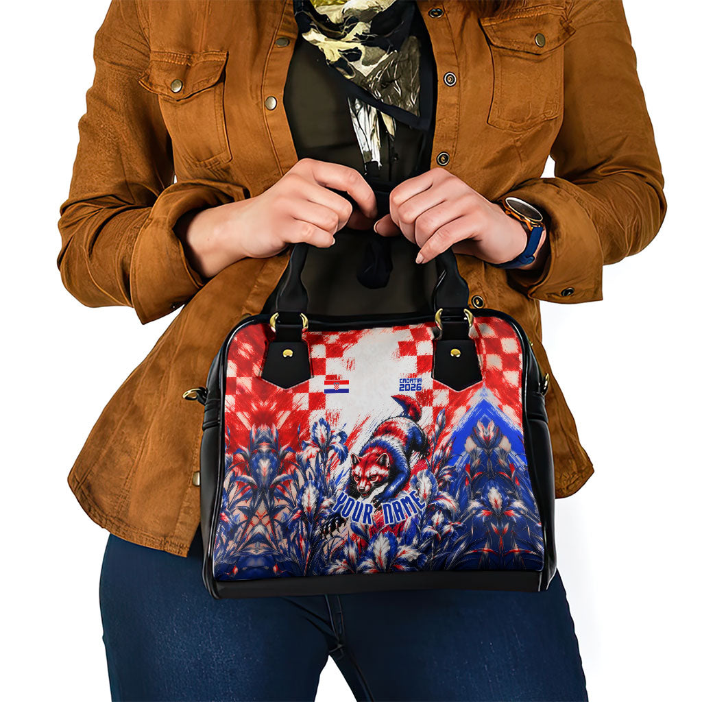 Personalized Croatia Marten Soccer 2026 Shoulder Handbag Football Grunge Checkerboard Croatian Iris Floral