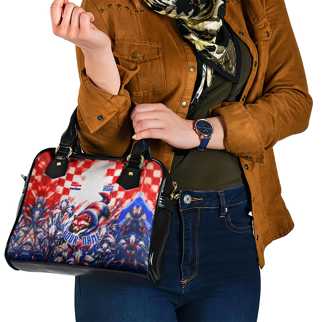 Personalized Croatia Marten Soccer 2026 Shoulder Handbag Football Grunge Checkerboard Croatian Iris Floral