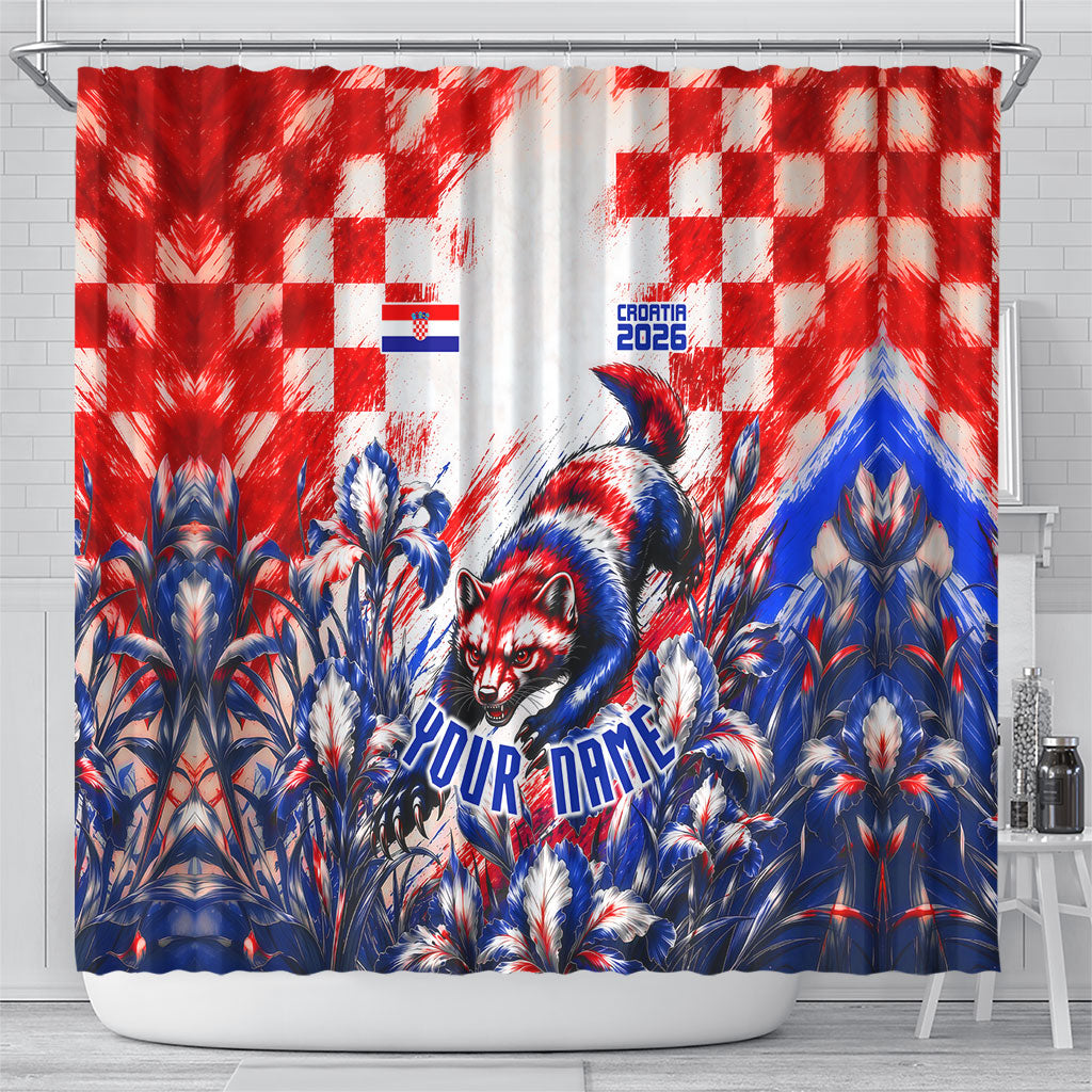 Personalized Croatia Marten Soccer 2026 Shower Curtain Football Grunge Checkerboard Croatian Iris Floral
