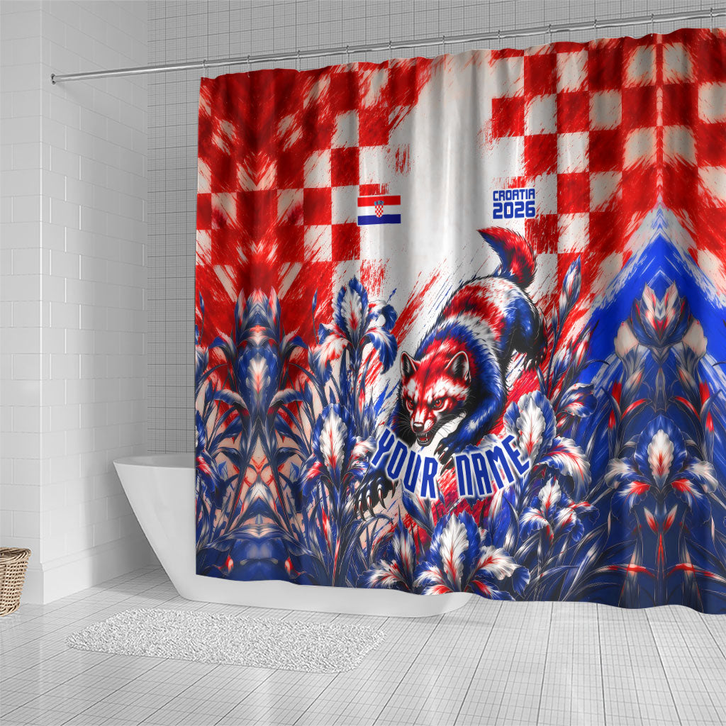 Personalized Croatia Marten Soccer 2026 Shower Curtain Football Grunge Checkerboard Croatian Iris Floral