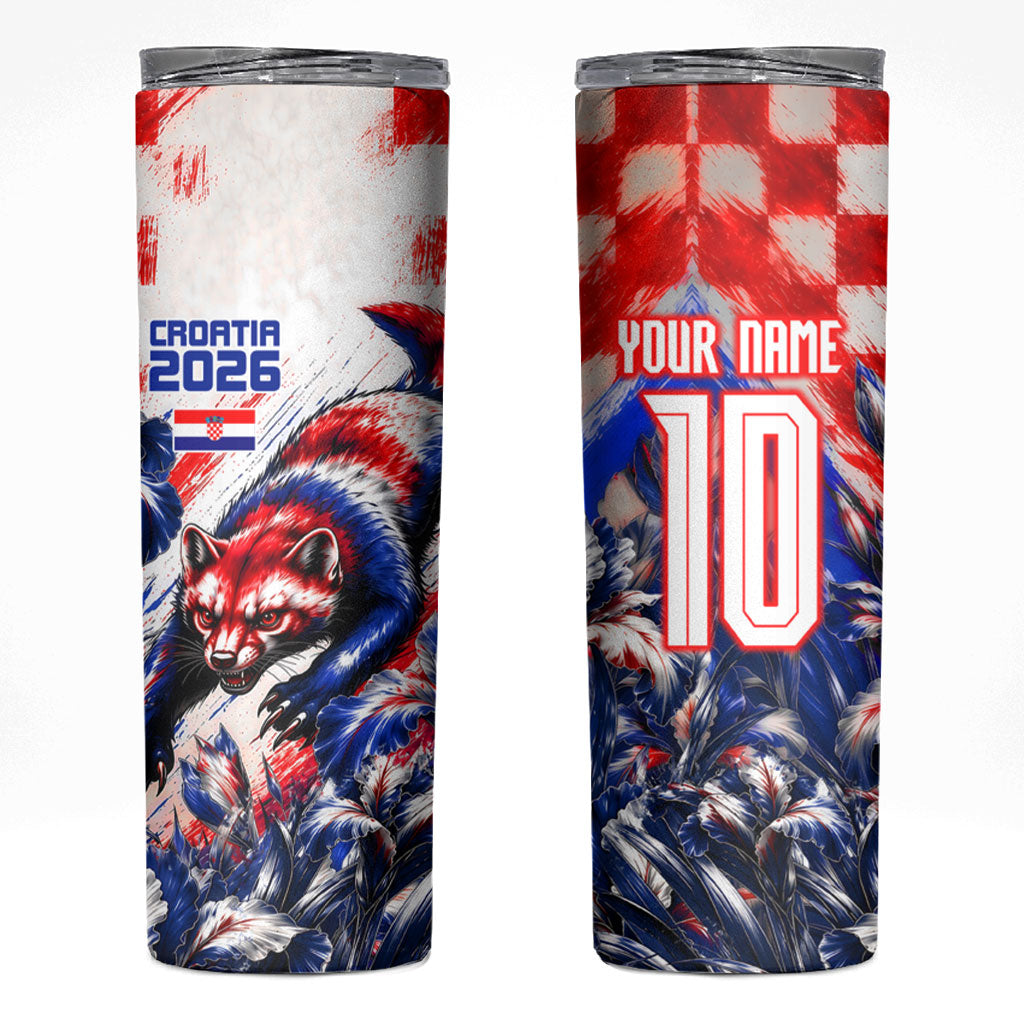 Personalized Croatia Marten Soccer 2026 Skinny Tumbler Football Grunge Checkerboard Croatian Iris Floral