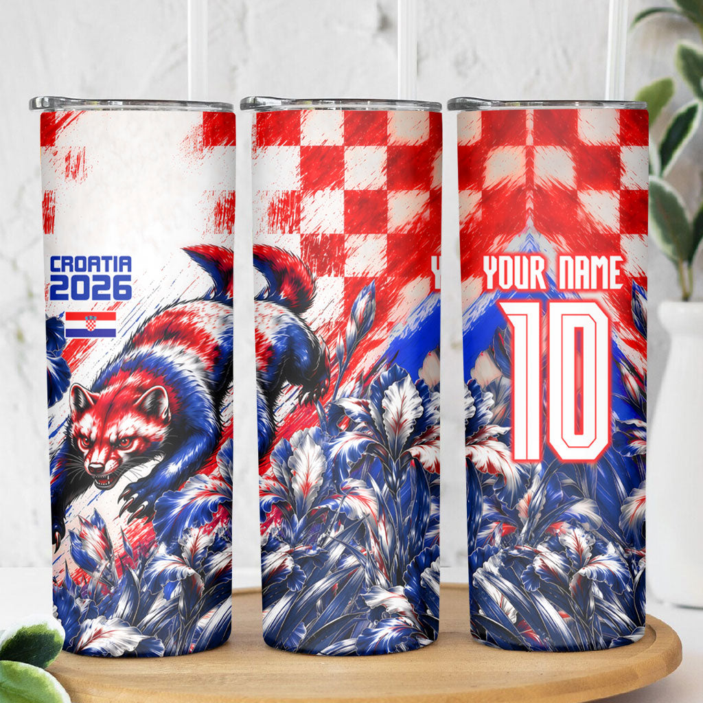 Personalized Croatia Marten Soccer 2026 Skinny Tumbler Football Grunge Checkerboard Croatian Iris Floral