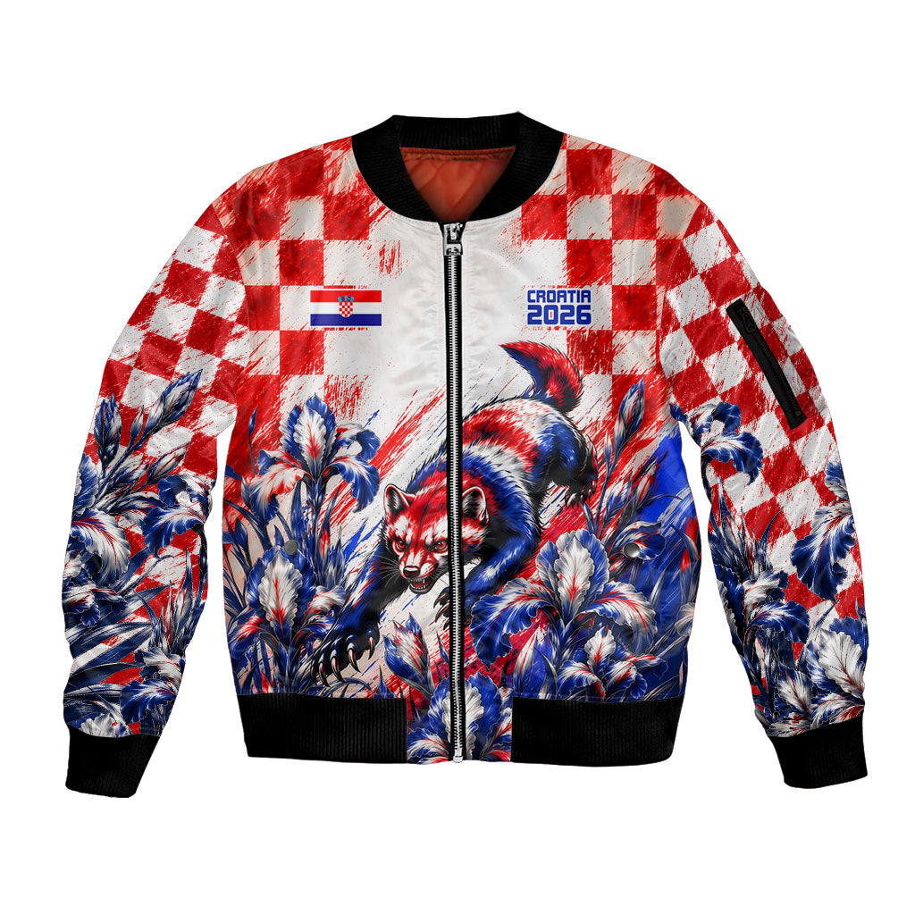 Personalized Croatia Marten Soccer 2026 Sleeve Zip Bomber Jacket Football Grunge Checkerboard Croatian Iris Floral