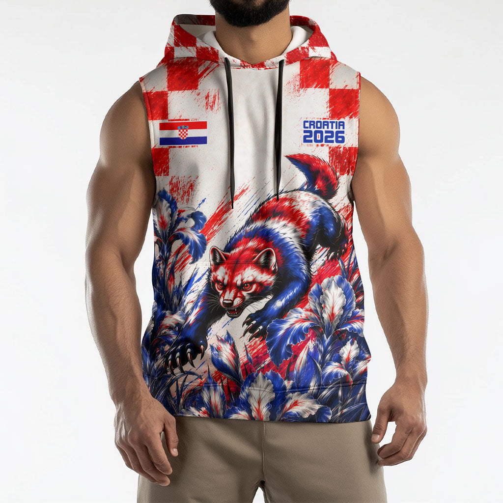 Personalized Croatia Marten Soccer 2026 Sleeveless Hoodie Football Grunge Checkerboard Croatian Iris Floral