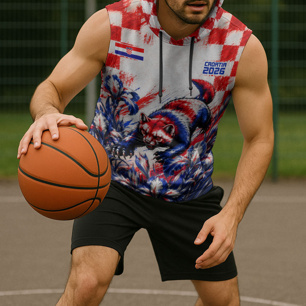 Personalized Croatia Marten Soccer 2026 Sleeveless Hoodie Football Grunge Checkerboard Croatian Iris Floral