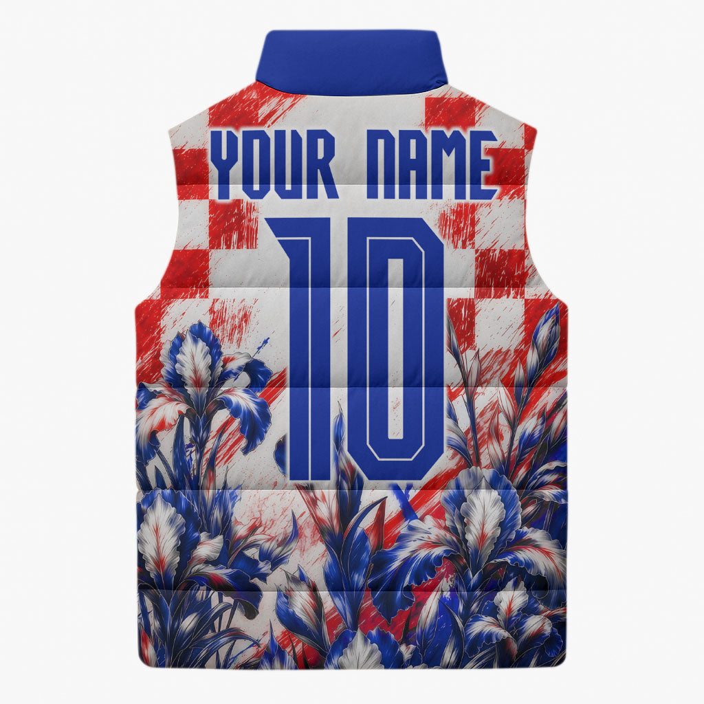 Personalized Croatia Marten Soccer 2026 Sleeveless Puffer Jacket Football Grunge Checkerboard Croatian Iris Floral