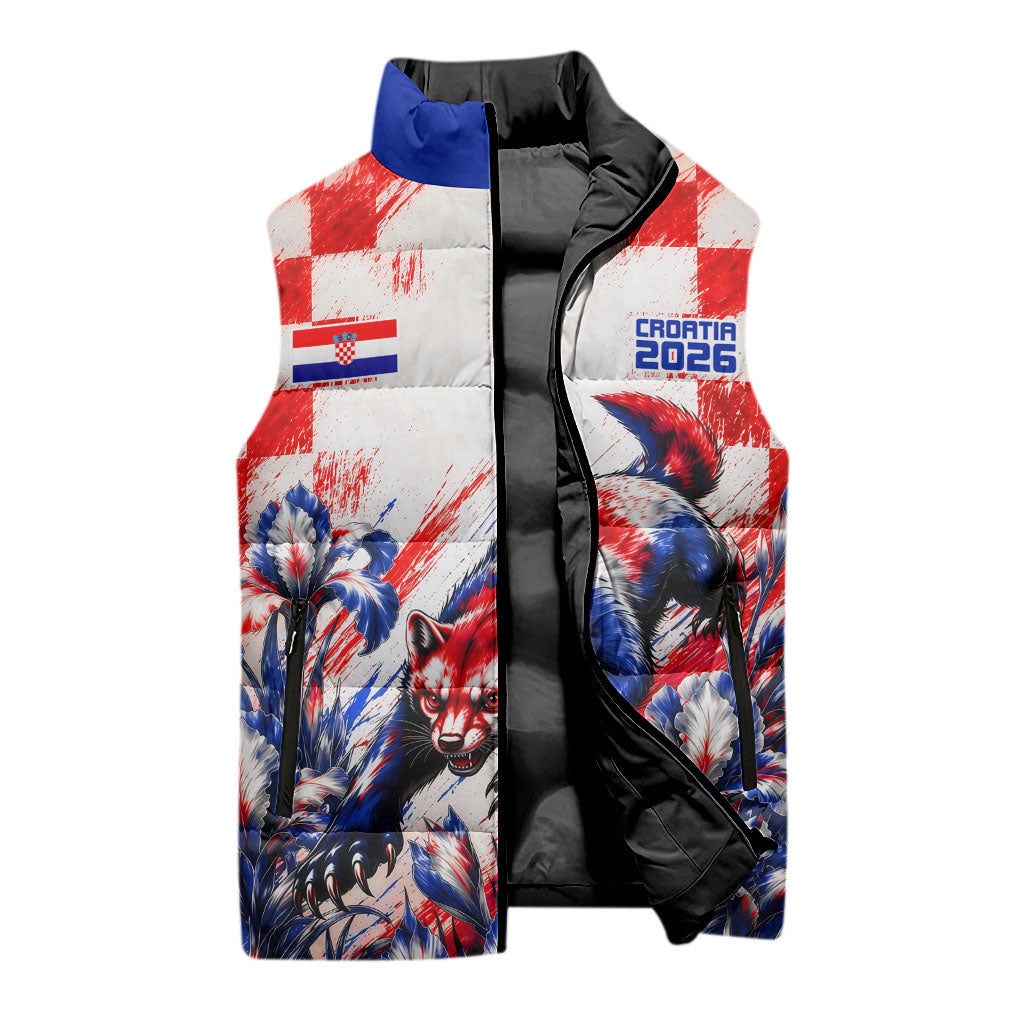 Personalized Croatia Marten Soccer 2026 Sleeveless Puffer Jacket Football Grunge Checkerboard Croatian Iris Floral