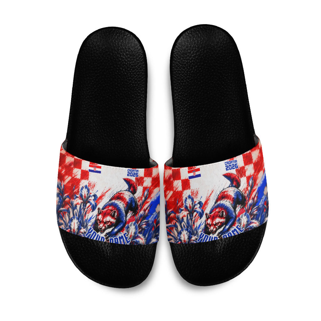 Personalized Croatia Marten Soccer 2026 Slide Sandals Football Grunge Checkerboard Croatian Iris Floral