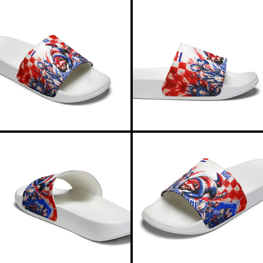 Personalized Croatia Marten Soccer 2026 Slide Sandals Football Grunge Checkerboard Croatian Iris Floral