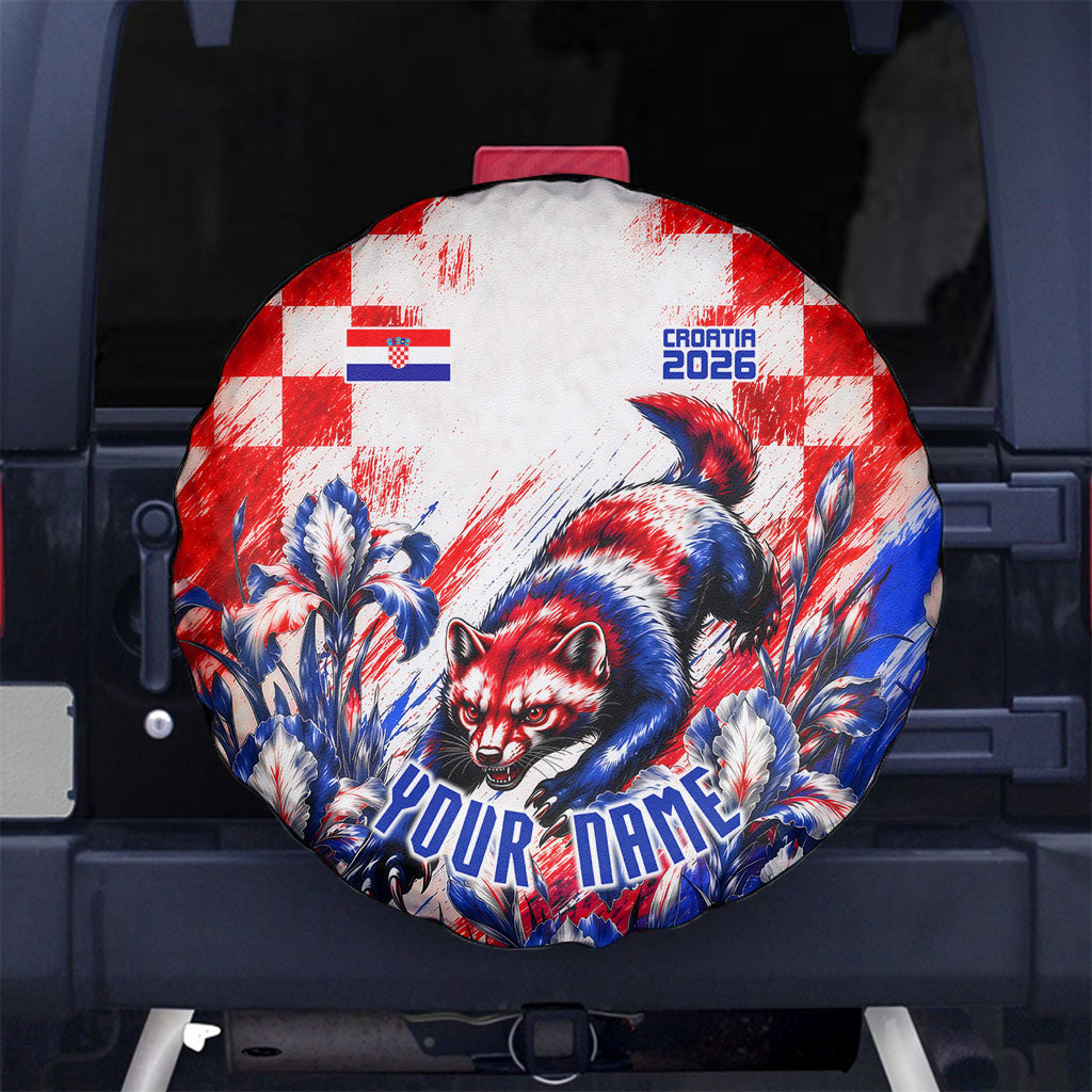 Personalized Croatia Marten Soccer 2026 Spare Tire Cover Football Grunge Checkerboard Croatian Iris Floral